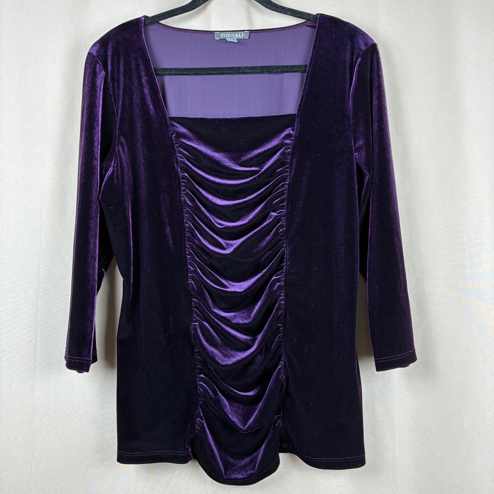 Roz Ali Womens Velvet Square Neck Top XL Ruched Dark Academia Romantic Goth Noir